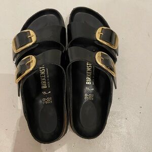 Birkenstock Black Sandals with Big Gold Buckles